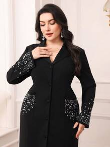 Modelyn Vestido largo de noche de talla grande, de manga larga con botones delanteros, decorado con cristales, vestido casual y sencillo - Negro - Ver 1