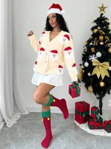 Chiquease Cardigan tricoté à col en V avec portrait du Père Noël pour femmes, pour Noël