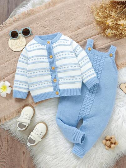 SHEIN Vintaside Kids Baby Boys Fashionable Sweater Set, Long Sleeve Striped Cardigan, Paired With Stylish Jacket And Bib Overalls, Soft And Comfortable Fabric Lets Baby Enjoy A Cozy Childhood. 2 Pieces Set Design For Easy Dressing