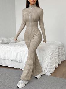 SHEIN EZwear Dames jumpsuit met lange mouwen, rits aan de voorkant en kraag, casual