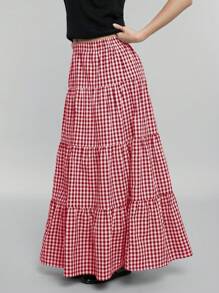 Easelle 格子印花高腰荷叶边下摆半身裙 - 紅色 - 查看 1