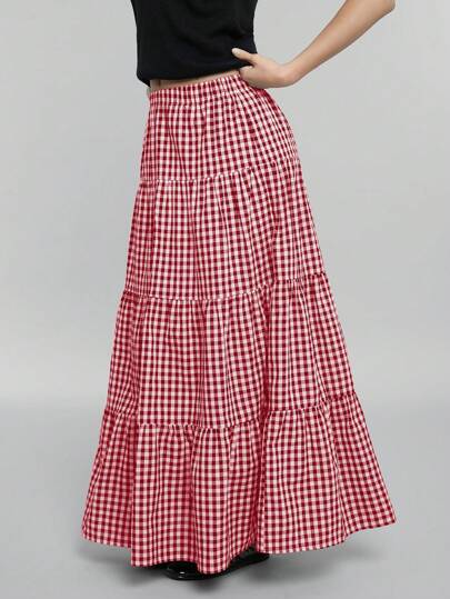 Easelle 格子印花高腰荷叶边下摆半身裙