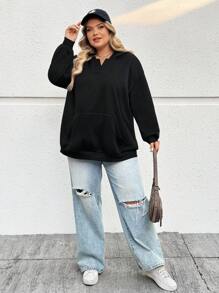 SHEIN CURVE+ Plus Size Women Casual Loose Fit Hooded Pullover Sweatshirt With Pockets, Suitable For Autumn/Winter