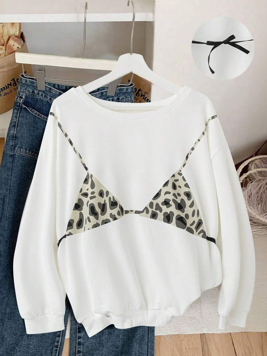 INAWLY 女士休闲豹纹胸罩印花卫衣，适合秋季穿着。 - 白色 - 查看 1