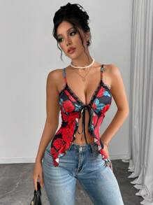 Chiquease Camiseta de mujer elegante con volantes, parches y lazo delantero con diseño de rosa - Multicolor - Ver 1