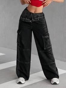 SHEIN EZwear Jeans casuales de cintura alta con bolsillos plegables y pierna ancha para mujeres