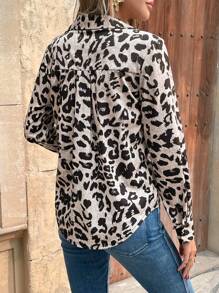 SHEIN Frenchy 女式豹纹长袖单排扣休闲衬衫，秋季 - 彩色 - 查看 2