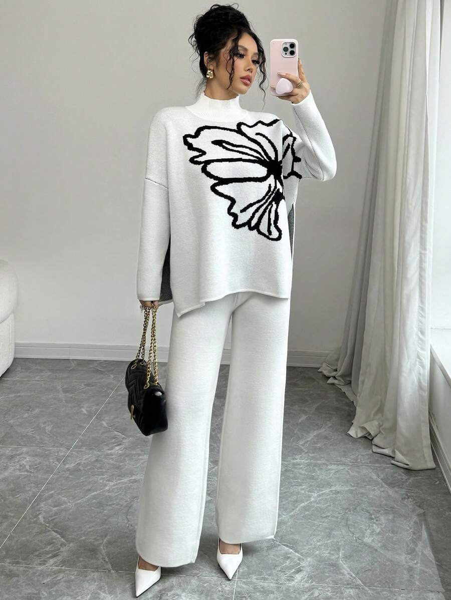 Elenzga Women's Stand Collar Long Sleeve Floral Pattern Minimalist Casual Sweater Knit Pullover Fall Winter