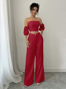 Elenzga 2pcs/Set Elegant Solid Color Off-Shoulder Cropped Top And Long Pants For New Year Clothes