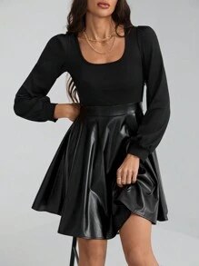SHEIN Tall 方领灯笼袖 PU 皮革 A 字形连衣裙（无腰带）