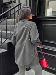 Calvaya Plus Size Women's Pearl Button Casual, Cute, Simple, Artistic, Refined, Versatile, Elegant, Personalized Long Sleeve Shirt And Skirt Set, Fashionable For Daily Commute, Spring/Autumn
