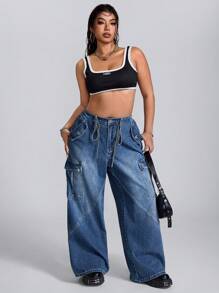 SHEIN ICON Jeans de mezclilla de trabajo con bolsillos múltiples, sin estiramiento, lavar, con botones frontales, talla grande - Azul lavado medio - Ver 5