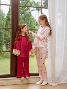 2 件套女童休闲心形印花长袖上衣和裤子家居服套装 - 粉色 - 查看 6