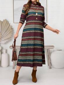 EMERY ROSE Plus Size Mock Neck Long Sleeve Striped Casual Dress,Winter Clothes For Women