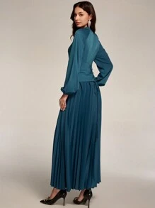 Modelyn Women's Solid Color Stand Collar Long Sleeve Button Decor Pleated Arabic Style Dress Long Evening Dresses - Blue - View 5