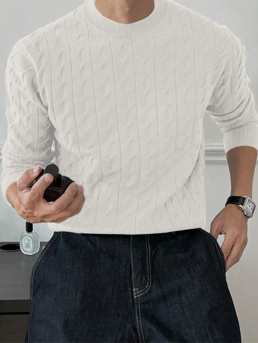 Manfinity Homme Áo len dài tay cổ tròn màu trơn cỡ lớn cho nam, mùa thu/đông - trắng - Xem 1