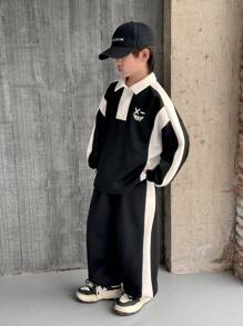 2pcs/Set Tween Boys Casual Korean Style Print Patchwork Colorblock Hooded Top And Loose Sweatpants Set, Suitable For School, Garden, Beach, Birthday, Spring/Summer/Autumn/Winter Seasons