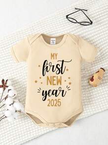 2025新年女宝宝1岁新年短袖连体衣，适合新年派对和日常穿着 - 卡其色 - 查看 1