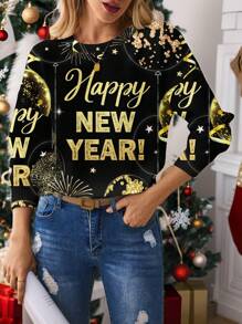 SHEIN LUNE 2025 Celebration Balloon & Fireworks Graphic Loose Fit Crew Neck Knit Sweater, Suitable For Autumn/Winter - Black - View 3