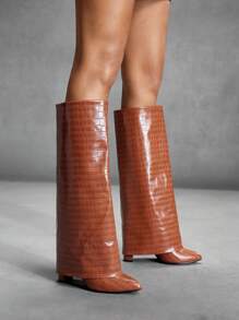 CUCCOO SZL 女士时尚棕色石纹粗跟尖头过膝靴，时尚派对、节日和圣诞节新年情人节 - 棕色 - 查看 6