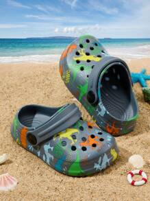 1双男童舒适休闲轻便透气卡通恐龙印花可爱沙滩凉鞋，春夏款 - 深灰色 - 查看 1