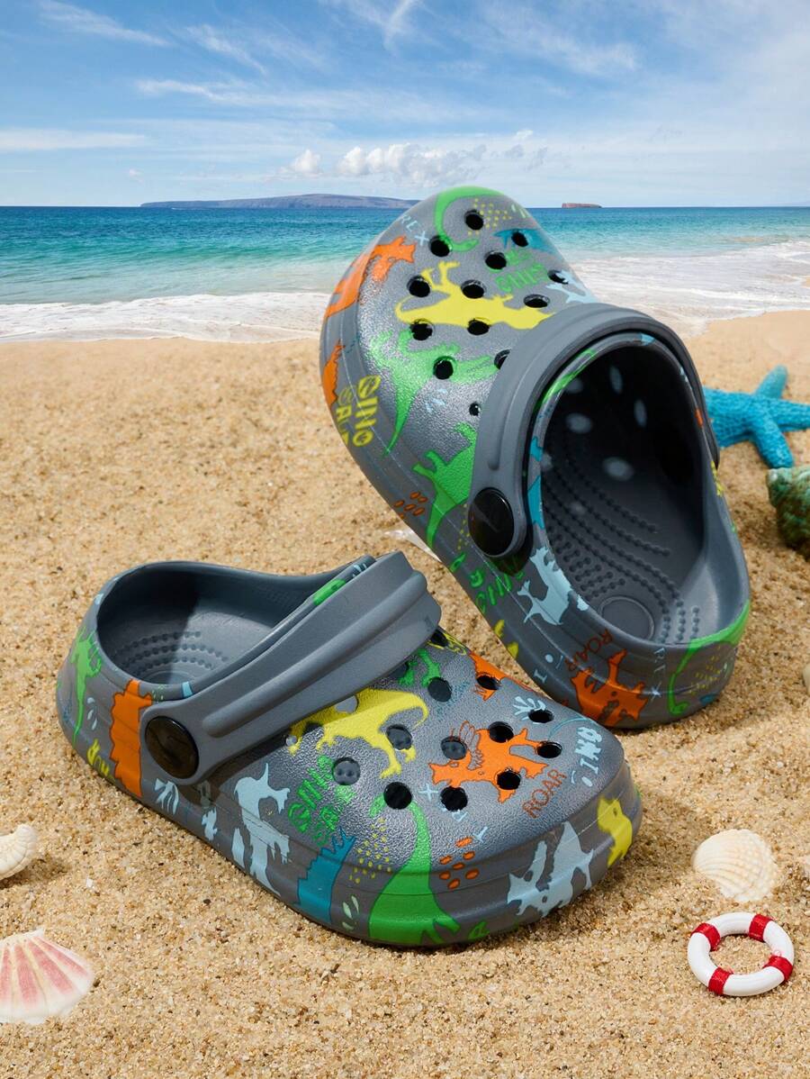 1双男童舒适休闲轻便透气卡通恐龙印花可爱沙滩凉鞋，春夏款 - 深灰色 - 查看 1