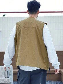 DAZY Áo nam màu trơn phối nhiều lớp, khóa kéo phía trước, có túi, kiểu dáng thường ngày, thích hợp cho mùa thu. - Màu Khaki - Xem 2