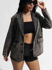 SHEIN ICON 女式秋季长袖翻领单排扣休闲牛仔西装外套 - 深灰色 - 查看 5