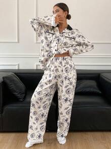 DAZY Women Floral Line Sketch Print Contrasting Collar Long Sleeve Button Front Top And Pants Pajama Set - Khaki - View 4
