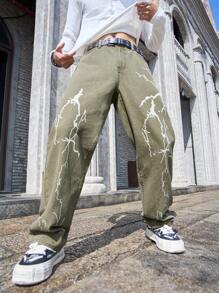 Manfinity EMRG Loose Fit Men's Lightning Print Wide Leg Jeans - Green - View 3