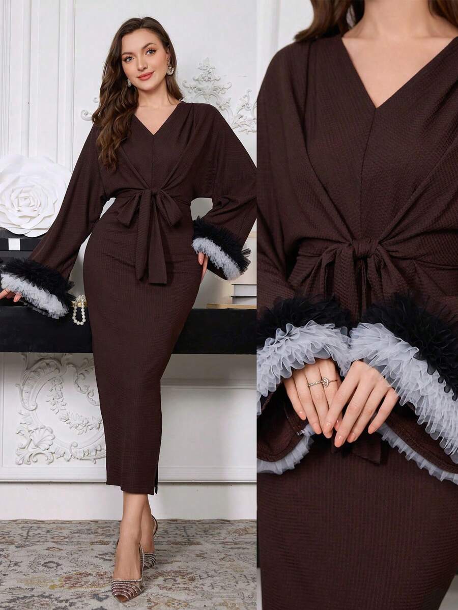 Modelyn Women's Elegant Mesh Contrast Bell Sleeve Dress Maxi Women Outfit Long Evening Dresses Fall Cloth For Women - Brown - View 1