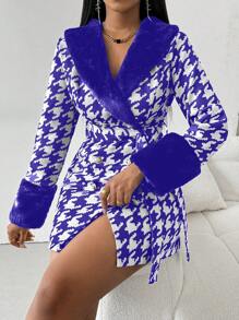 Zolique Damen Mantel mit Hahnentritt-Muster und flauschigen Manschetten - Blau - Übersicht 6