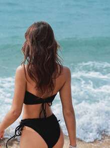 Swim Vcay 1件装女士纹理纯色贝壳吊带装饰抹胸泳衣上装，手工制作，贝壳数量随机，夏季 - 黑色 - 查看 2