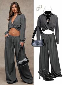 SHEIN BAE Women's Fall And Winter Gray Solid Color Ultra Short Buttons Decorated Twist Sexy V-Neck Women's Shirts Fall Women's Business Casual Blouses Fall Women's Christmas Clothing/Office Siren Dress/Formal Shirt/Long Sleeve Shirt