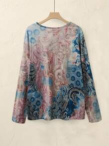 EMERY ROSE Women's Autumn V-Neck Tie Dye Vintage Loose Batwing Long Sleeve T-Shirt