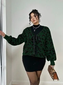 Flirla 大码豹纹系带长袖休闲上衣，简约日常穿着 - 綠色 - 查看 1