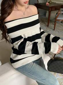 DAZY 女式黑白条纹露肩长袖毛衣，秋季服装 - 黑色 - 查看 4
