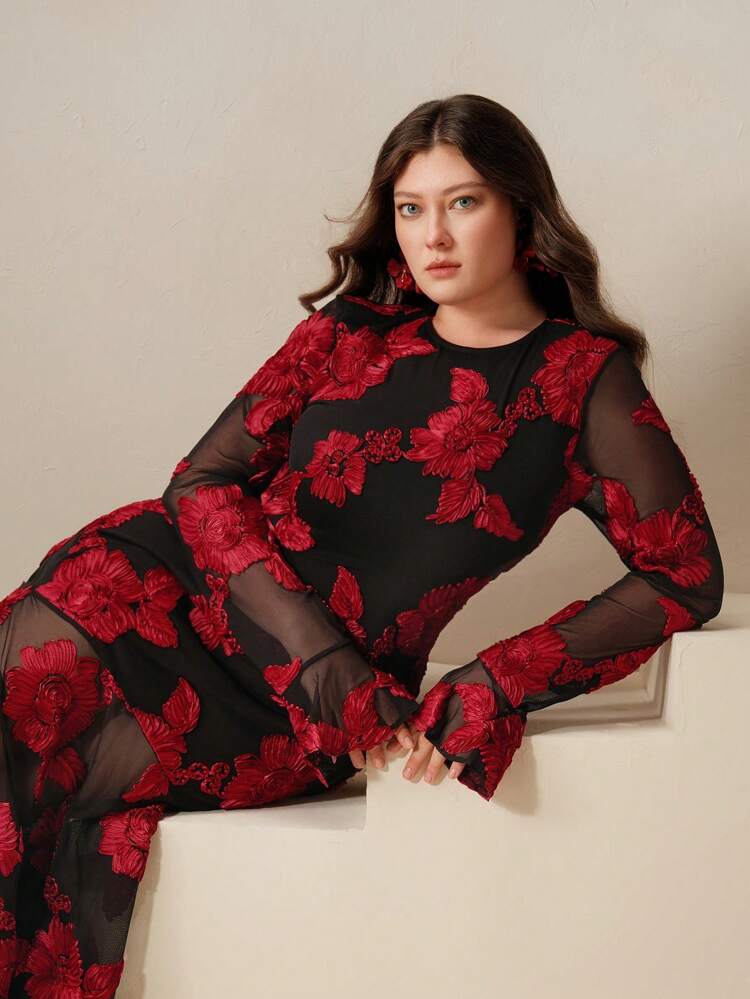 Anewsta Red & Black Festive, Dignified, Elegant, Romantic, Exquisite Floral Embroidered Backless Mermaid Maxi Dress For Paris Gala