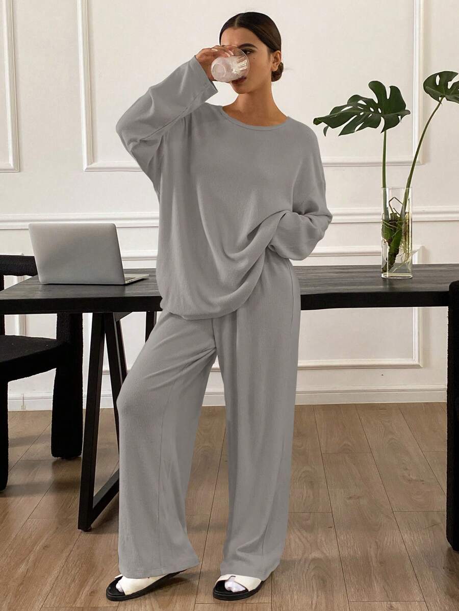 DAZY Plain Minimalist Brushed Knitted Fabric Sleepwear Set Pajama