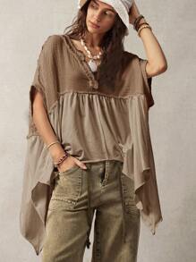 Bohemela Asymmetrical Hem Loose Splice White Blouse For Women,Short Sleeve Tops - Brown - View 2