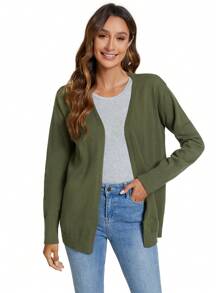 SHEIN LUNE 女士橄榄绿色针织开衫，百搭轻便前开衫，适合秋冬季 - 橄欖綠 - 查看 3