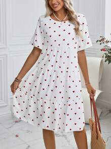 女士休闲心形全印花中长连衣裙，适合节日 - 白色 - 查看 1