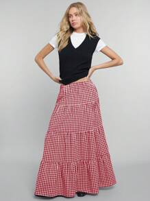 Easelle 格子印花高腰荷叶边下摆半身裙 - 紅色 - 查看 3