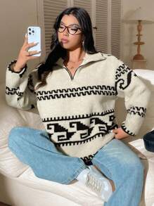 Calvaya Plus Size Long Sleeve Turtleneck Zip-Up Printed Warm Thick Hoodie With Pockets, For Winter