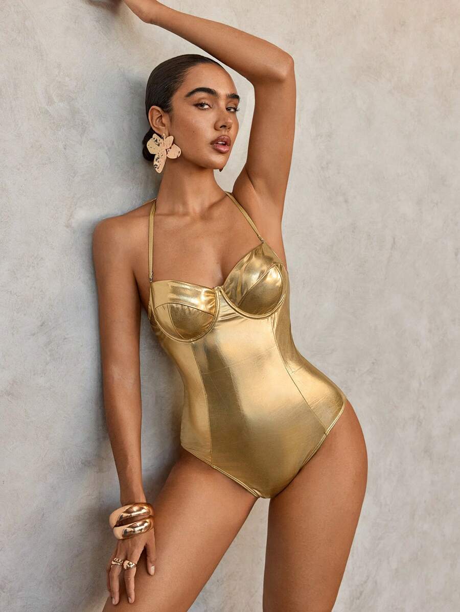 Swim Chiccia 1pc Women's Solid Color Bandeau Top, Minimalist Fitted Casual One Piece Swimsuit Summer