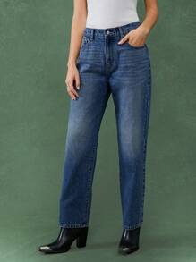 WESTFADE Pantalones vaqueros de tiro medio rectos sin estiramiento, prémium, de estilo casual para otoño e invierno - Azul lavado medio - Ver 1