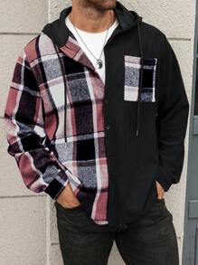 Manfinity Homme 大码男士格子长袖单排扣抽绳连帽休闲外套，秋冬款 - 彩色 - 查看 3
