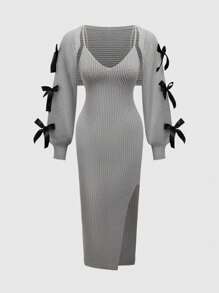 ROMWE Kawaii Đầm mini cổ nơ xếp ly đan lưới gợi cảm cho nữ, phong cách học thuật, dáng bodycon đuôi cá - Xám - Xem 1