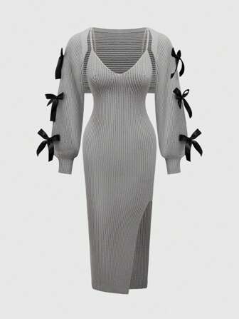 Kawaii Women's Sexy Split Ribbed Knit Flounced Bowknot Collar Mini Dress, Academic Style, Bodycon Mermaid Silhouette