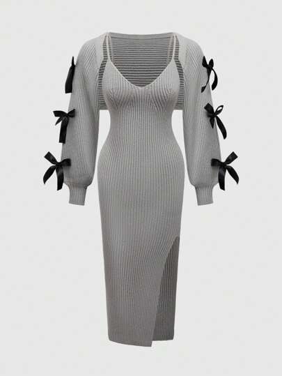 Kawaii Robe mini fendue sexy à côtes tricotées avec volants et col en nœud papillon, style académique, silhouette moulante sirène